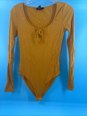 Forever 21 Mustard Long-Sleeve Scoop Neck Tie-Front Bodysuit
